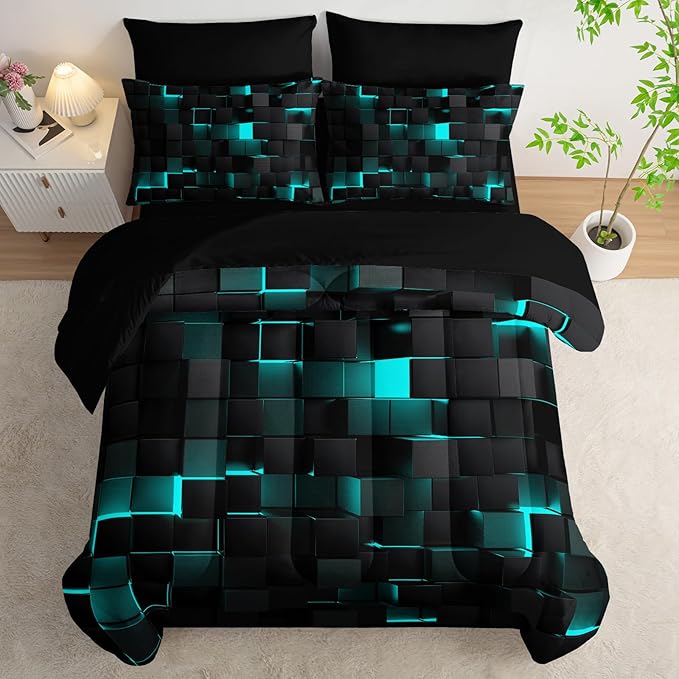 Geometric Turquoise Black Full Comforter Set,Light Honeycomb Bedding Set 7 Piece in A Bag,Bed Sheet Set Geometry Decor,Microfiber Lightweight All Season