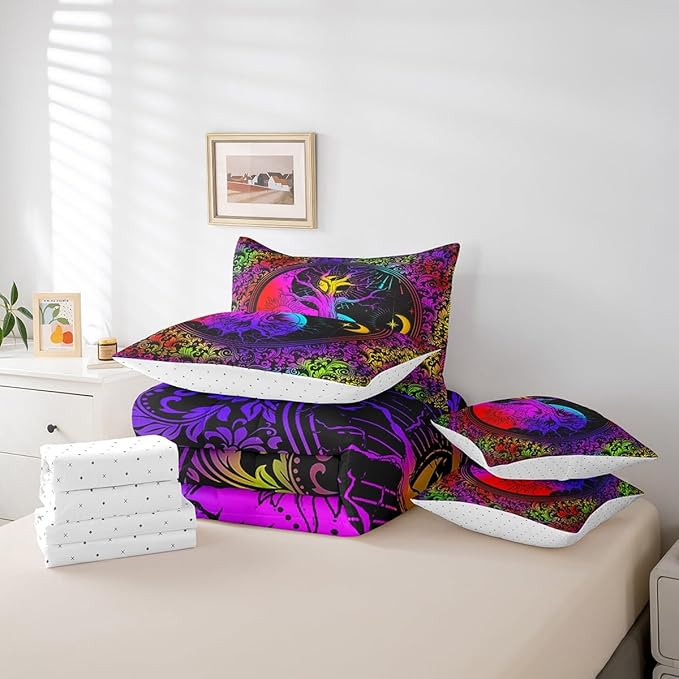 Feelyou Galaxy Life Tree Bedding Set with Comforter, King Size 7Pcs Sun Moon Comforterative Colorful Boho Exotic Bed in a Bag with Comforter, Astrology Space Room Decor