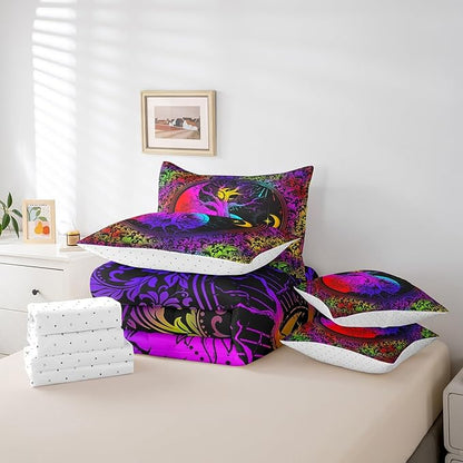 Feelyou Galaxy Life Tree Bedding Set with Comforter, King Size 7Pcs Sun Moon Comforterative Colorful Boho Exotic Bed in a Bag with Comforter, Astrology Space Room Decor