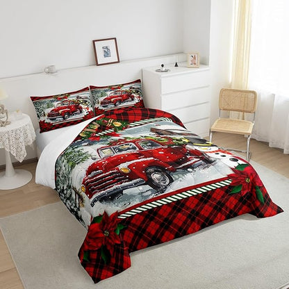Christmas Truck Comforter Set King Size Kids Girls Boys Red Plaid Decor Pine Tree Bedding Set 3pcs Winter Snow View Quilt Set Happy New Year Gifts Duvet Insert with 2 Pillowcases