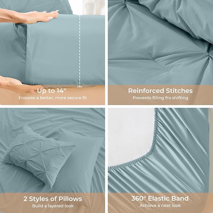 Sasttie Full Size Comforter Set, 7-Piece Bed in a Bag, Pintuck Bedding Sets for All Season, Includes Comforter, Flat Sheet, Fitted Sheet, Pillowcases and Pillowshams, Greylish Blue