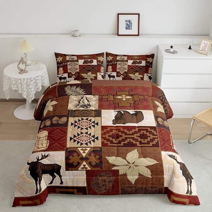 Buffalo Plaid Comforter Set Cabin Decor,Bear Elk Deer Wild Animal Bedding Sets Fall Leaves Pine Cones Duvet Insert Wildlife Hunting Theme Quilt Patchwork Bohemian Floral Down Comforter,Queen 3Pcs