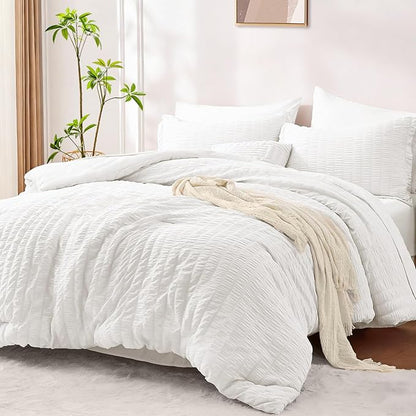 FUANNA Full Size Comforter Sets 7 Pieces, Luxury Seersucker Bed in a Bag Full for All Seasons, Soft Bed Sets with Comforter, Flat Sheet, Fitted Sheet, Pillowcases & Shams for Bedroom, White