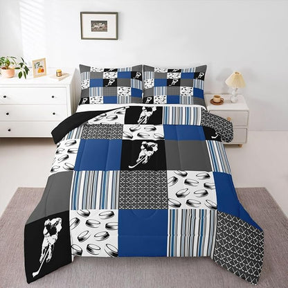 Feelyou Ice Hockey Bedding Set Soft for Boys Girls, Ice Sports Games Comforter Set Toddler Size Hockey Player Duvet Quilt Microfiber Winter Sports Bedroom Decor Gray Blue 2 Pcs with 1 Pillow Cases