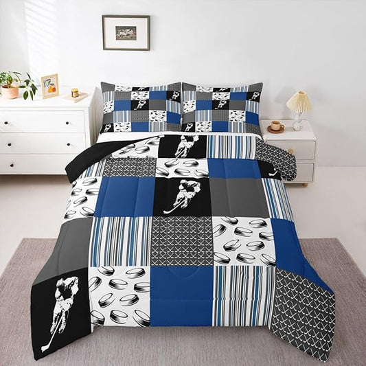 Feelyou Ice Hockey Bedding Set Soft for Boys Girls, Ice Sports Games Comforter Set Toddler Size Hockey Player Duvet Quilt Microfiber Winter Sports Bedroom Decor Gray Blue 2 Pcs with 1 Pillow Cases