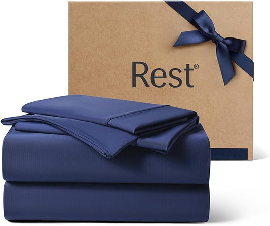 REST® Evercool®+ Cooling Sheet Set, Cali King, Midnight Blue, Breathable Bed Sheets for Hot Sleeper and Night Sweats, with Pillowcases, with Ionic+ Self-Cleaning Silver Yarn for Sensitive Skin, 4PCS