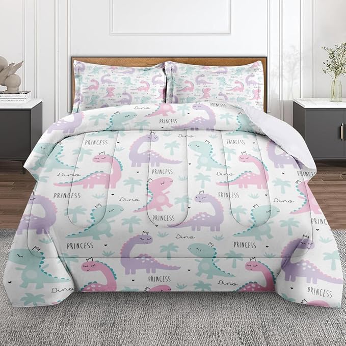 Princess Dinosaur Animal Comforter Set for Girls Kids Toddlers Teens Adults Queen, Cute Dino Pink Bedding Sets Water Washed Microfiber Bedding with 1 Comforter 2 Pillowcase All Season