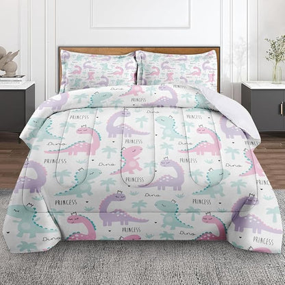 Princess Dinosaur Animal Comforter Set for Girls Kids Toddlers Teens Adults Twin, Cute Dino Pink Bedding Sets Water Washed Microfiber Bedding with 1 Comforter 1 Pillowcase All Season