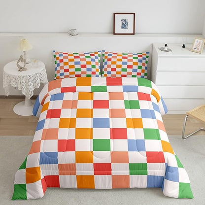 Feelyou Checkered Retro Bedding Set Teen Women Men Rainbow Colorful Plaid Comforter Set Queen Size Kids Boys Girls Geometric Vintage Duvet Insert Modern Simple Groovy Aesthetic Room Decor