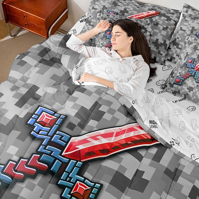 Castle Fairy Red Blue Sword 7 Piece Comforter Sets King Size,Geometric Grey Grid All Season Reversible Bed in a Bag Miner Theme Bedding Sets Pixel Video Games Flat Sheet,Fitted Sheet,Pillowcases
