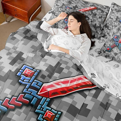 Castle Fairy Red Blue Sword 7 Piece Comforter Set Queen Size,Geometric Grey Grid All Season Reversible Bed in a Bag Miner Theme Bedding Sets Pixel Video Games Flat Sheet,Fitted Sheet,Pillowcases