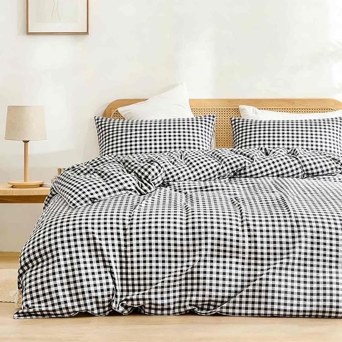 ETDIFFE Black Gingham Comforter Set Queen Size, 3 Piece Boho Grid Bedding Set - Soft and Lightweight Buffalo Checkered Plaid Microfiber Down Alternative Bed Comforter (90x90)