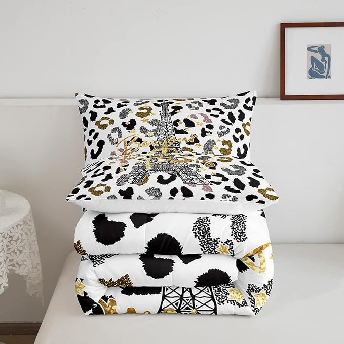 Feelyou Eiffel Tower Comforter Set Leopard Print Bedding Set for Kids Boys Girls Paris Tower Comforter Cheetah Print Quilt Set 1 Comforter Set with 1 Pillowcase Twin Size