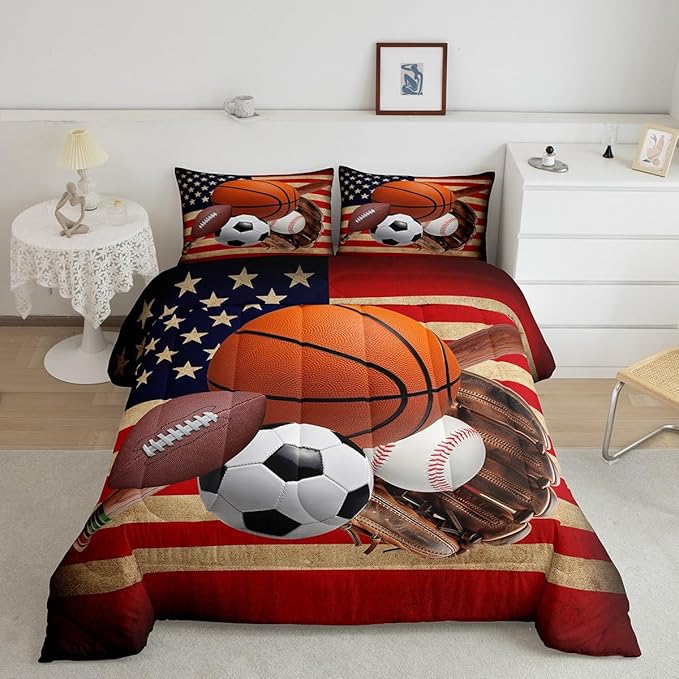 Feelyou Baseball Sports Comforter Set Toddler Size Football Comforter for Boys Girls Teens Ball Game Bedding Set Basketball Duvet Set Room Decor Red Brown Mixed Ball Quilt Set
