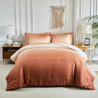 Burnt Orange and Pumpkin Gradient Comforter Set Queen Size 7 Pieces Elegant Ombre Bed in a Bag - Reversible Bedding Set with Comforter, Flat Sheet, Fitted Sheet, 2 Pillowcases & 2 Pillow Shams