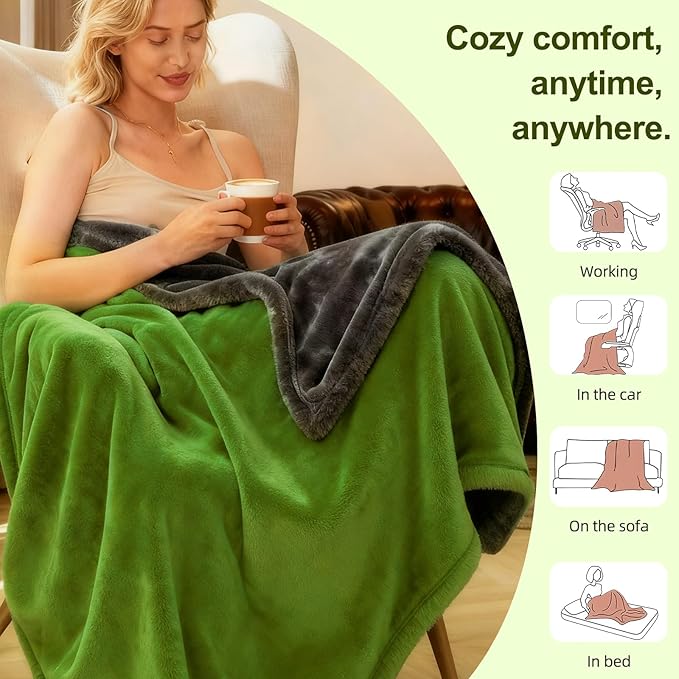 Electric Heated Blanket Throw 50" x 60" Soft Dual-Sided Flannel Fast Heating 12 Heat Levels 1–12H Timer & Overheat Protection & Auto Shut-Off & Machine Washable (Lime Green & Gray)