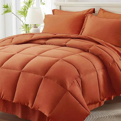 Anluoer King Size Bed in a Bag 7 Pieces, Burnt Orange Bed Comforter Set with Sheets, All Season Bedding Sets with 1 Comforter,2 Pillow Shams,2 Pillowcases, 1 Flat Sheet, 1 Fitted Sheet