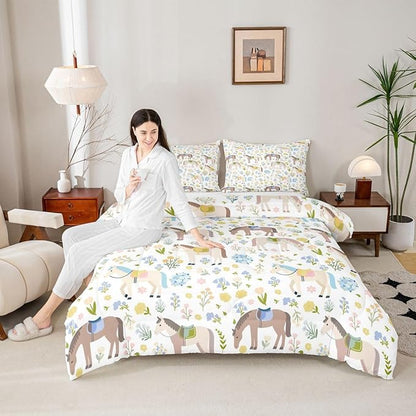 Cartoon Horse Comforter Set Full Size,Bohemian Flowers Bedding Sets 3Pcs for Kids Girls Boys Women Room Decor,Rustic Farmhouse Duvet Insert Farm Animals Plants Down Comforter,2 Pillowcases