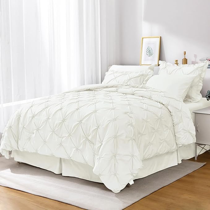 JOLLYVOGUE Ivory King Size Comforter Sets 7 Pieces, Pintuck Bed in a Bag Comforter Set for Bedroom, Bedding Comforter Sets with Comforter, Sheets, Ruffled Shams & Pillowcases
