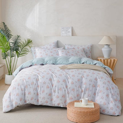 King Comforter Set Floral 3 Pieces Soft Cute Floral Bedding Comforter Lightweight Blue Garden Style Floral Botanical Comforter Set for All Seasons 1 Comforter and 2 Pillowcases