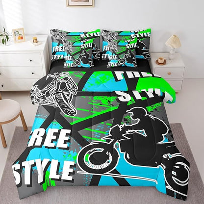 jejeloiu Boys Dirt Bike Racer 7 Piece Bedding Set Full Size Motocross Hip Hop Comforter Set with Sheets for Kids Adult Motorcycle Sport Bed in a Bag Blue Green Bed Set