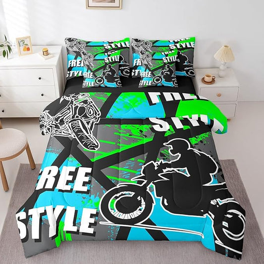 jejeloiu Boys Dirt Bike Racer 7 Piece Bedding Set King Size Motocross Hip Hop Comforter Set with Sheets for Kids Adult Motorcycle Sport Bed in a Bag Blue Green Bed Set