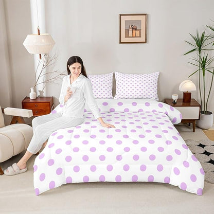 Manfei Purple Polka Dots Kids Comforter Set,Geometric Circles Purple White Simple Art Bedding Set All Season,French Style Dots Cartoon Cute Comforter 2 Pcs with 1 Pillowcase,Twin Size