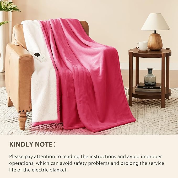 Homemate Heated Blanket Electric Throw - 50"x60" Heating Blanket Throw 1/2/4/6/8 Hours Auto-Off 10 Heat Level Over-Heat Protection Flannel Sherpa ETL Certification