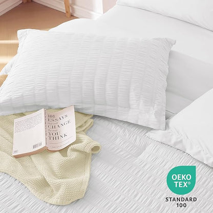 MUXHOMO 7 Pieces King Comforter Set, Seersucker Bed in a Bag King Size, All Season Luxury Bedding Set with Comforter, Flat Sheet, Fitted Sheet, Pillowcases & Shams, White