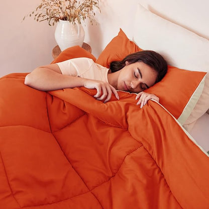 Exclusivo Mezcla Lightweight Summer Reversible King Size Comforter Set, Down Alternative Comforter with 2 Pillow Sham, King Size Bedding Set for All Seasons, Burnt Orange/Brich Beige