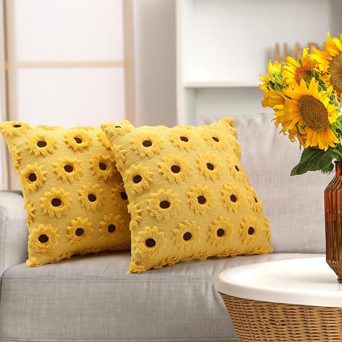 2 pcs Sunflower Throw Pillow Covers 18x18 Summer Flower Home Decor Farmhouse Decorative Pillow Covers Soft Plush Faux Fur Wool Pillowcase for Sofa Bed Living Room Housewarming Gifts