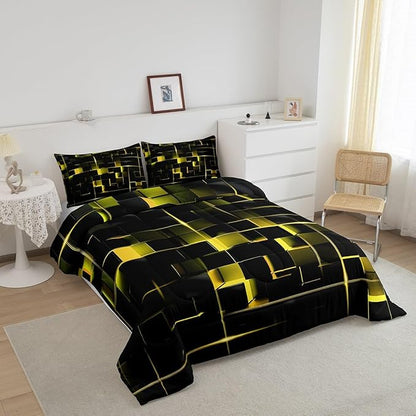 Erosebridal Yellow Black Full Comforter Set Geometric Light Honeycomb Bedding Set for Kids Teens Adult, Decor Down Comforter Modern Style Quilt, Microfiber Lightweight All Season
