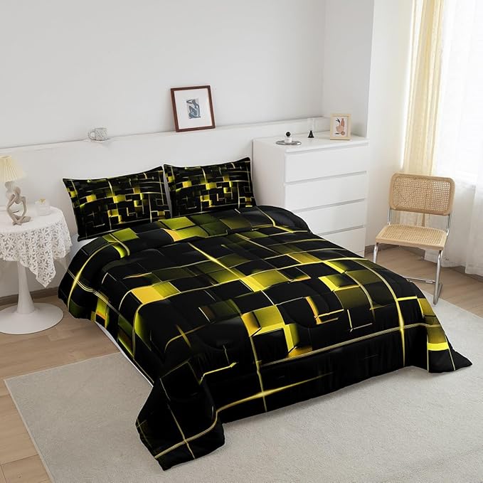 Erosebridal Yellow Black Twin Comforter Set Geometric Light Honeycomb Bedding Set for Kids Teens Adult, Decor Down Comforter Modern Style Quilt, Microfiber Lightweight All Season