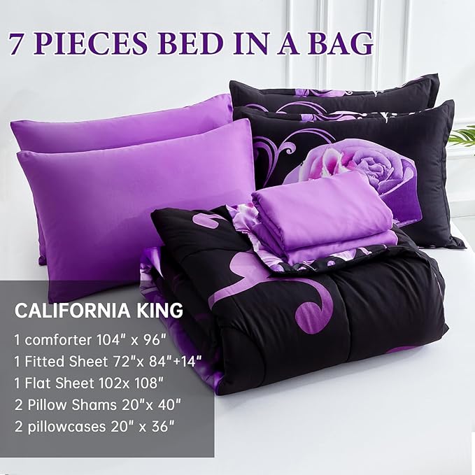 WONGS BEDDING Purple Comforter Set Cal King, Reversible Purple Rose 7 Pieces Bed in a Bag, Lightweight Soft Microfiber Bedding Sets with Flat Sheet, Fitted Sheet, Pillowcases & Shams