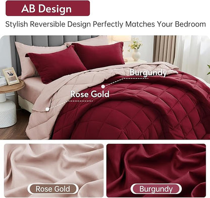 MUXHOMO 5 Pieces Twin XL Comforter Set, Reversible Bed in a Bag Twin XL Size, All Season Bedding Set with Comforter, Flat Sheet, Fitted Sheet, Pillowcases & Shams, Burgundy & Rose Gold