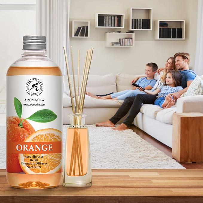 AROMATIKA Orange Reed Diffuser Refill 17 Fl Oz (500ml) - Room Fragrance Diffuser with Natural Essential Orange Oil - Best for Aromatherapy - Home - Kitchen - Office