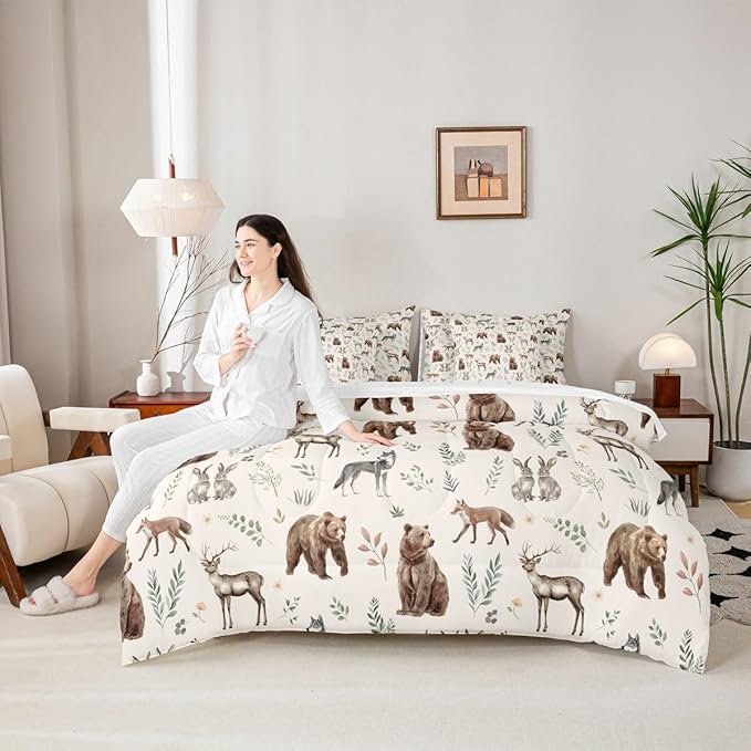 Erosebridal Woodland Animals 7 Piece Comforter Set King Size Bear Deer Hunting Theme Bedding Set for Kids Child Bedroom | Cartoon Rabbit Wolf Fox Wildlife Duvet Insert Rustic Cabin Lodge Decor Sheets