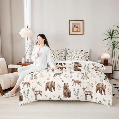 Erosebridal Woodland Animals 7 Piece Comforter Set Twin Size Bear Deer Hunting Theme Bedding Set for Kids Child Bedroom | Cartoon Rabbit Wolf Fox Wildlife Duvet Insert Rustic Cabin Lodge Decor Sheets