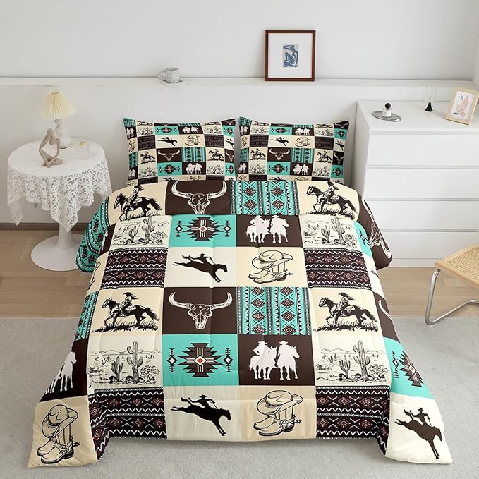Western Cowboy Comforter Set Twin Size,Cow Skull Desert Cactus Bedding Set,Rustic Aztec Tribal Striped Quilt Set,Kids Teens Adult Room Decor,Brown Turquoise Geometric Plaid Duvet Insert 2Pcs