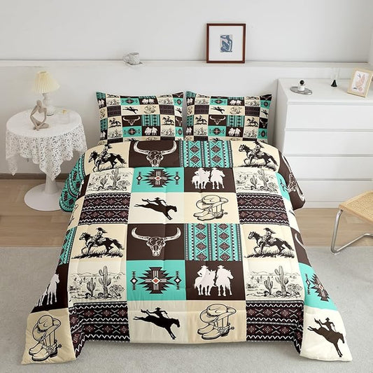 Western Cowboy Comforter Set Twin Size,Cow Skull Desert Cactus Bedding Set,Rustic Aztec Tribal Striped Quilt Set,Kids Teens Adult Room Decor,Brown Turquoise Geometric Plaid Duvet Insert 2Pcs