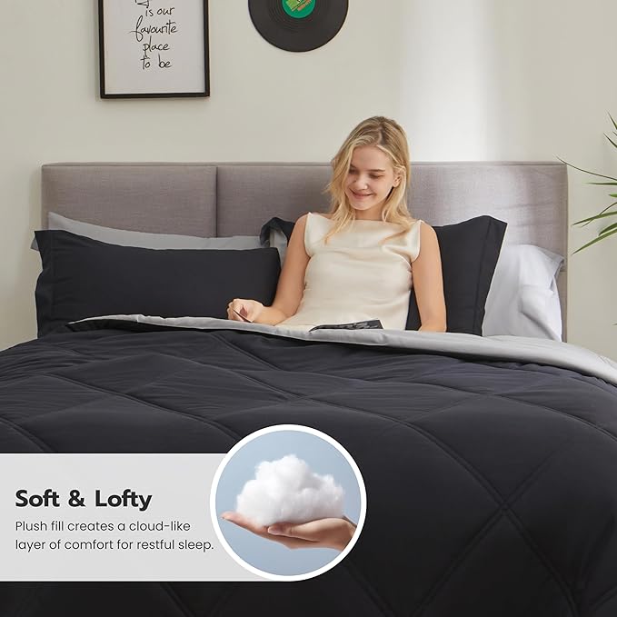 Joiedomi Full Size Comforter Set with Sheets Black, 7 Pieces Full Size Bed Set with 1 Down Alternative Comforter, 1 Flat Sheet, 1 Fitted Sheet, 2 Pillowcases and 2 Pillow Shams, Bed in a Bag