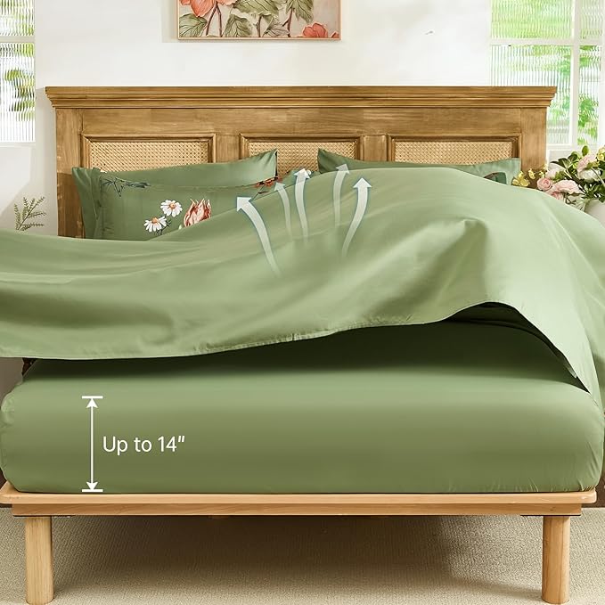 WONGS BEDDING Green Floral Comforter Set King, 7 Piece Bed in a Bag Bedding Set with Botanical Flowers Patterns, Soft Lightweight Complete Comforters with Sheets for All Season
