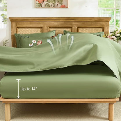 WONGS BEDDING Green Floral Comforter Set King, 7 Piece Bed in a Bag Bedding Set with Botanical Flowers Patterns, Soft Lightweight Complete Comforters with Sheets for All Season