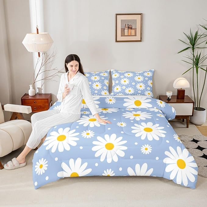 Erosebridal Blue Daisy Twin Bedding Set for Girls,Cute Cartoon Flower Comforter Set Rustic Daisy Floral Comforter Watercolor Flowers Duvet Insert for Kids Teen Adults Room Decor