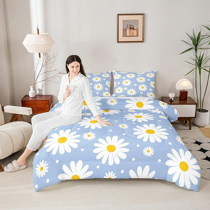Erosebridal Blue Daisy Full Bedding Set for Girls,Cute Cartoon Flower Comforter Set Rustic Daisy Floral Comforter Watercolor Flowers Duvet Insert for Kids Teen Adults Room Decor