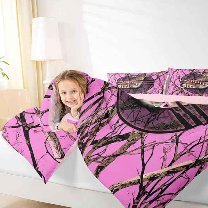 Erosebridal Camo Hunting Deer Queen Comforter Set,Pink Camouflage Hunter Bedding Sets for Girls Boys Kids,Rustic Cabin Lodge Quilt Bed Set,Tree Branch Room Decor with 2 Pillowcases,All Season
