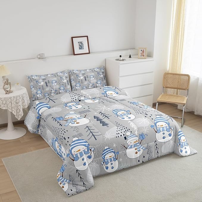 Cartoon Snowman Kids Comforter Set Twin Size,Merry Christmas Bedding Set 2Pcs Xmas Tree Snowflake Print Quilt Set for Girls Boys Teens Room Decor Blue Grey White Duvet Insert,1 Pillowcase
