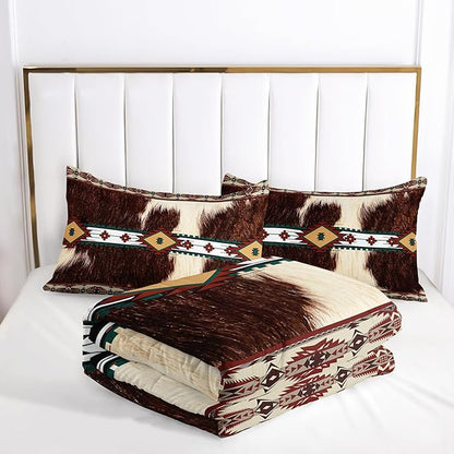 Bohe Cowhide Comforter Set, King Size, Brown and White Fur, Animal Print Bedding Sets 3PCS, Soft Microfiber, All Season (1 Comforter & 2 Pillowcases)