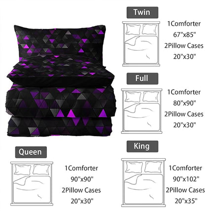 Geometric Violet Black Comforter Set,Triangle Honeycomb 3 PCS Bedding Set Queen Size for Teen Adult,Modern Quilt Set Geometry Decor,Microfiber Lightweight 1 Comforter 2 Pillowcases