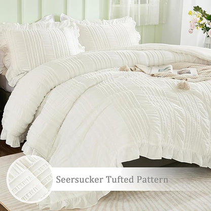 WONGS BEDDING White Comforter Set King,3 Pieces Ruffle Farmhouse Shabby Chic Boho Comforter for King Bed,Soft Textured Bedding Set with 1 Ruffle Comforter,2 Tufted Pillowcases 104"×90"
